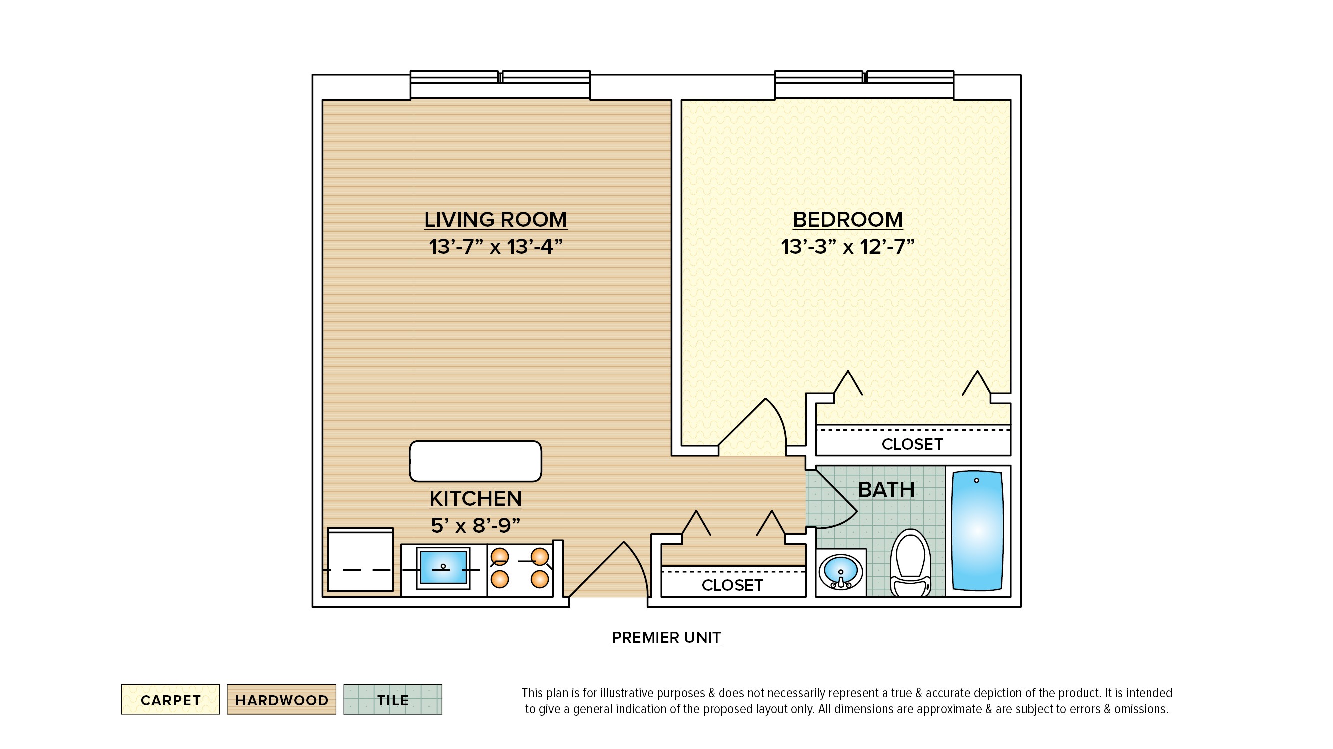 1 Bedroom Junior garden apartment floor plan with 1 bedroom and 1 bath,,,,,,,